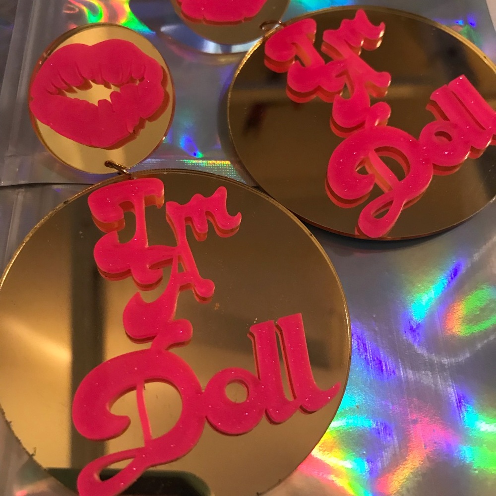Barbie I’m a doll earrings pink glitter mirror oversized Patricia field rave